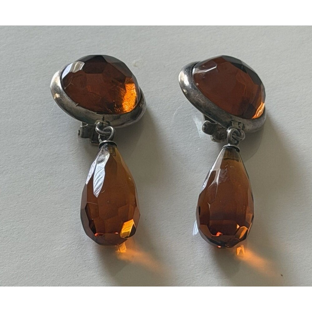 Vintage Signed Dominique Aurientis Paris Amber Glass Drop Clip Earrings, 1980s